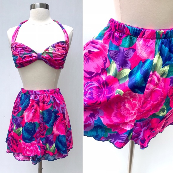Vintage Other - Vintage 80’s does 60’s pink floral bikini swimsuit bathing suit pin up style